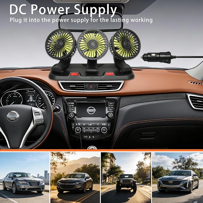 Portable 3-Head Car Cooling Fan 12V-Brushless Motor-2 Speeds, 360 Rotation,for Car Dashboard, Powerful Cooling Solution for Sedan/SUV/RV/Truck/Van Vehicles,Cigarette Lighter Powered (3-head 12V) - Image 4
