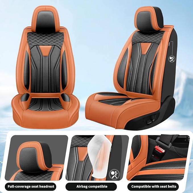 Fit Versa Car Seat Covers Premium Leather for Nissan Versa 2009-2025 2026. Waterproof， Breathable, Scratch-Resistant & All-Weather Seat Cushion Protector（2 Front Seats,Orange&Black - Image 2