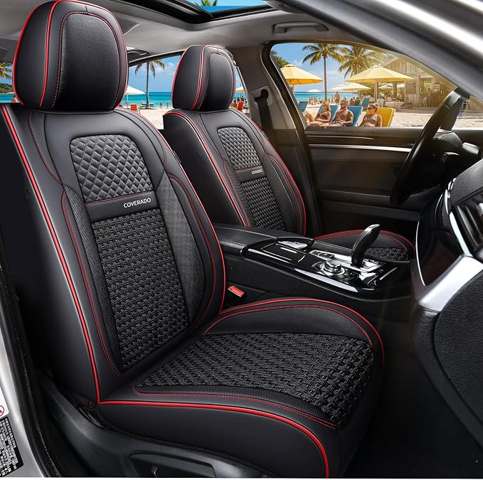 Coverado Full Set Car Seat Covers, Luxury Leather All-Weather Seat Protectors Universal Fit Most Sedan SUV Truck Vehicles by COVERADOAUTO