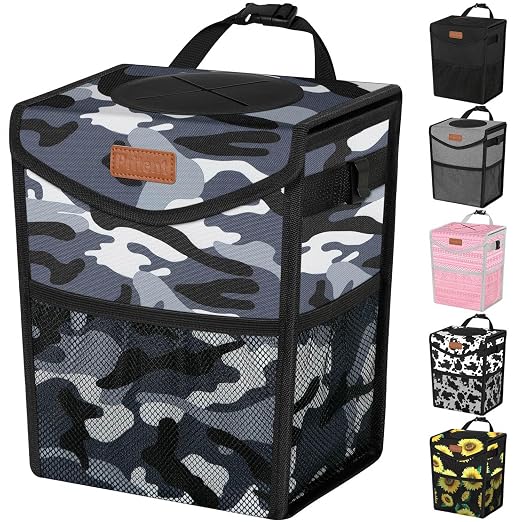 Pritent Car Trash Can with Lid Leakproof Car Garbage Bag Vehicle Trash Bin | Hanging Automotive Garbage Can,Multipurpose Car Accessories for Women Men Interior Car Storage Organizer(2 Gal,Camo Grey) by Pritent