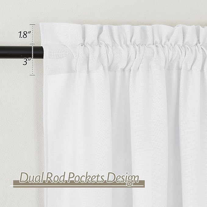 RYB HOME Linen Sheer Curtains 2 Panels for Living Room, Semi Transparent Privacy Drapes with Rod Pocket Farmhouse Style Window Treatments for Bedroom, White, 70" W x 95" L - Image 2
