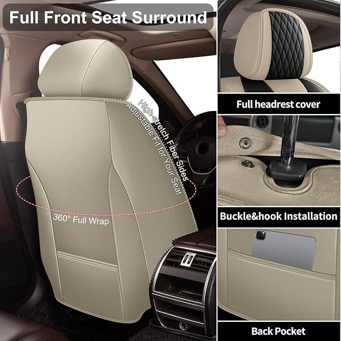 IKABEVEM Car Seat Covers Fit for Honda Accord 2007-2017 Full Set | Waterproof Faux Leather, Airbag Compatible, Easy Install & Wipe Car Seat Protector,5 Seat Covers Fit for Accord, Beige&Black - Image 4