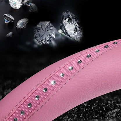 CAR PASS Bling Diamond Pink Leather Steering Wheel Cover, Studded Shining Rhinestones Universal Fit 14" 1/2-15" Glitter Sparkly Crystal Fit for Women Girl SUV,Vans,Sedans,Car,Trucks, Pink Diamond - Image 9