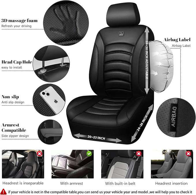 CAR PASS 3D Foam PU Leather Car Seat Covers, Universal Seat Covers Front 2 for Trucks SUV Sedan Automotive Seat Covers Armrest Airbag Compatible Waterproof Comfortable Faux Nappa Leather All Black - Image 4