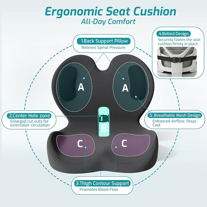 Trucker Seat Cushion, Thick Car Seat Cushions with Lumbar Support Pillow, Ergonomic L-Shaped Orthopedic Memory Foam for Long Driving Lower Back Pain Sciatica Relief, Gift for Drivers (Black) - Image 3