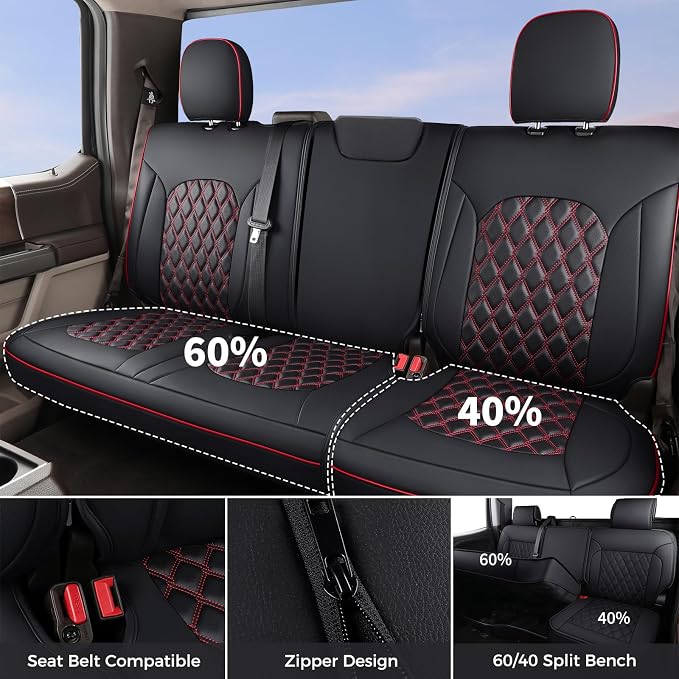 Huidasource Wrangler JL Seat Covers 4 Door 2018-2026 Without Rear Cupholder | Waterproof Wrangler Seat Covers Full Set, Custom Seat Cushion Covers Fit for Jeep Wrangler JL 4-Door (Full Set/Black&Red) - Image 3