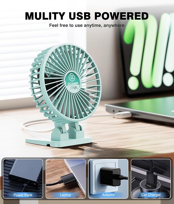 JZCreater USB Desk Fan, Mini Fan Portable, 3 Speeds Desktop Table Cooling Fan, Plug in Power Fan, Rotation Strong Wind, Quiet Personal Small Fan for Home Desktop Office Travel Bedroom, Apple Green - Image 5