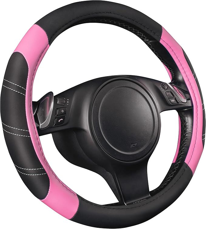 CAR PASS Line Rider Microfiber Leather Sporty 14.5-15 inch Steering Wheel Cover Universal Fits for 95% Truck,SUV,Cars, Anti-Slip Safety Comfortable Design (Black Pink) - Image 2