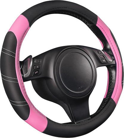 CAR PASS Line Rider Microfiber Leather Sporty 14.5-15 inch Steering Wheel Cover Universal Fits for 95% Truck,SUV,Cars, Anti-Slip Safety Comfortable Design (Black Pink) - Image 2