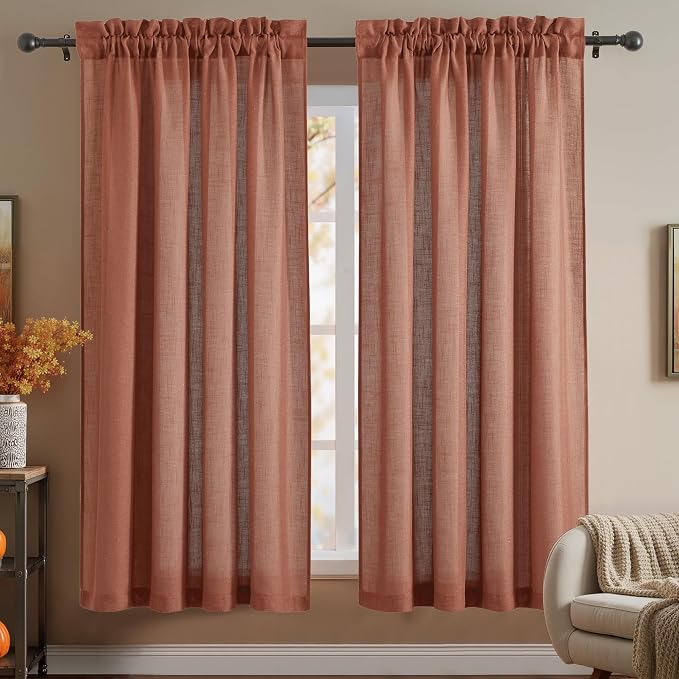RYB HOME Linen Textured Semi Sheer Curtains 63 inches Long for Living Room | Half Privacy, Light Filtering, Faux Linen Blend, Office Nursery Dorm Bathroom, Terracotta, W52 x L63 by RYBHOME
