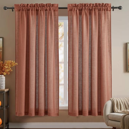RYB HOME Linen Textured Semi Sheer Curtains 63 inches Long for Living Room | Half Privacy, Light Filtering, Faux Linen Blend, Office Nursery Dorm Bathroom, Terracotta, W52 x L63 by RYBHOME