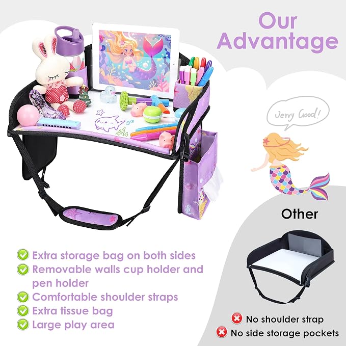 Kids Travel Tray for Toddler Car Seat, Road Trip Activities for Kid | Toddler Car Activities with iPad Holder Stand, Roadtrip Essentials with Dry Erase Board & Cooler Cup Holder,Purple Mermaid - Image 6