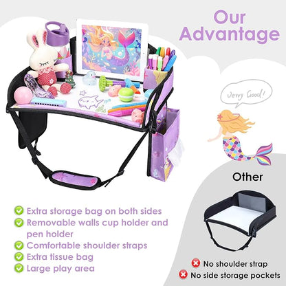 Kids Travel Tray for Toddler Car Seat, Road Trip Activities for Kid | Toddler Car Activities with iPad Holder Stand, Roadtrip Essentials with Dry Erase Board & Cooler Cup Holder,Purple Mermaid - Image 6