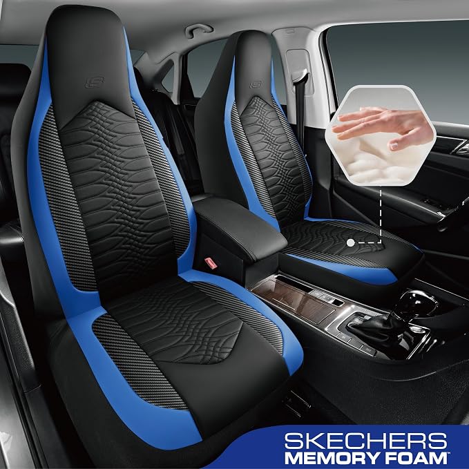 Skechers Memory Foam Car Seat Covers, Leather High Back Seat Covers Quilting Design,Waterproof Sports Car Seat Covers Full Sets,Airbag Compatible, Universal Fit for Most Cars, SUVs,Trucks,Blue - Image 2