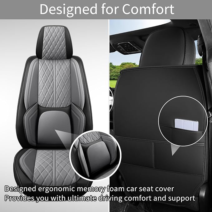 Custom Fit Chevy Silverado GMC Sierra 1500 2007-2026 2500/3500 HD Crew Cab Full Set Car Seat Covers - 5 Pack, Premium Faux Leather Truck Seat Protector with Airbag Compatible Design, BlackGrey - Image 4