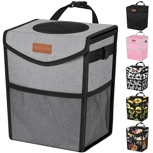 Pritent Car Trash Can with Lid Leakproof Car Garbage Bag Vehicle Trash Bin | Hanging Automotive Garbage Can,Multipurpose Car Accessories for Women Men Interior Car Storage Organizer(2 Gal,Grey) by Pritent