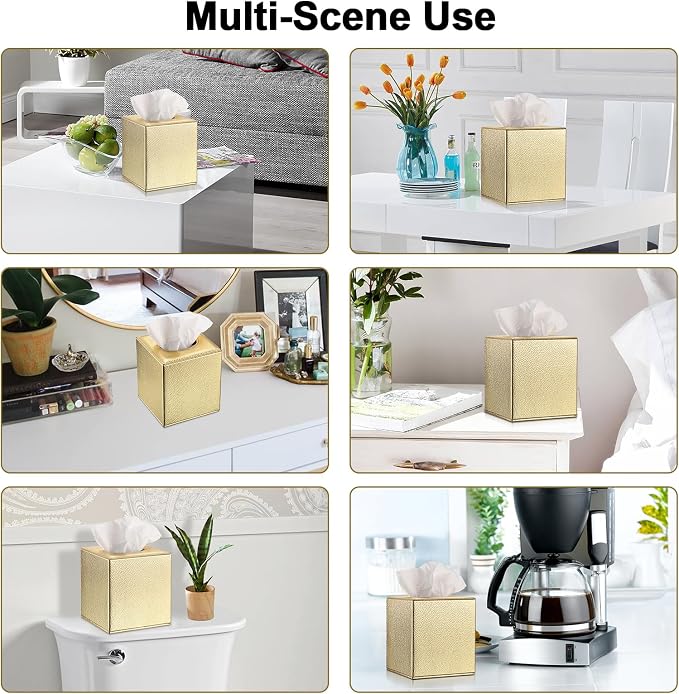 Sumnacon Tissue Box Cover Square,Magnetic Bottom PU Tissue Box Holder,Gold | Stylish Cube Leather Tissue Cover,Lychee Pattern, Decorative Tissue Box Covers for Living Room Bathroom Table Desk Office Car - Image 7