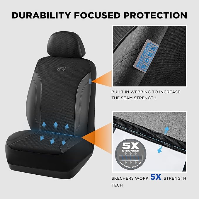 Skechers Seat Covers, Work Leather Car Seat Covers 5-Times Stronger Built-in Webbing, Oxford Fabric Front Seat Cover, Airbag Compatible, Automotive Comfort for Cars, Trucks, SUVs,Black - Image 5