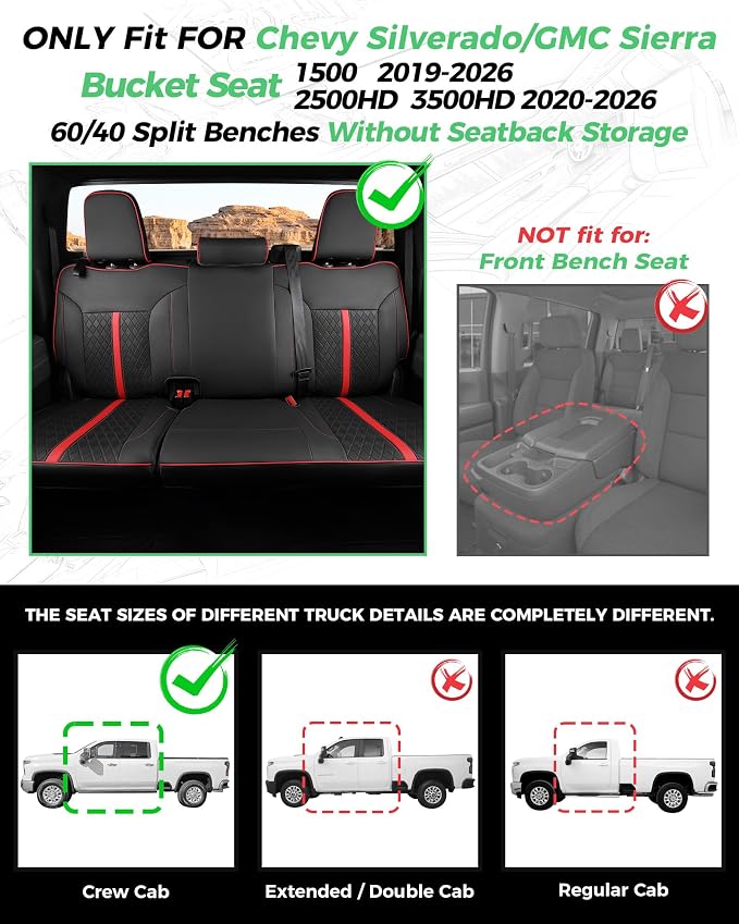 RIDEPOSH Custom Fit Seat Covers for Silverado/Sierra 1500 2019-2026 CrewCab | Fits 2500/3500HD 2020-2026, no Rear Armrest/Seatback Storage, Faux leather, Protective, Scratch-resistant, Easy-clean - Image 2