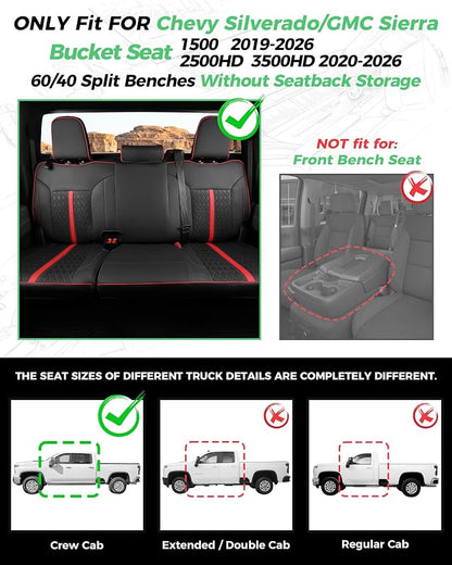 RIDEPOSH Custom Fit Seat Covers for Silverado/Sierra 1500 2019-2026 CrewCab | Fits 2500/3500HD 2020-2026, no Rear Armrest/Seatback Storage, Faux leather, Protective, Scratch-resistant, Easy-clean - Image 2
