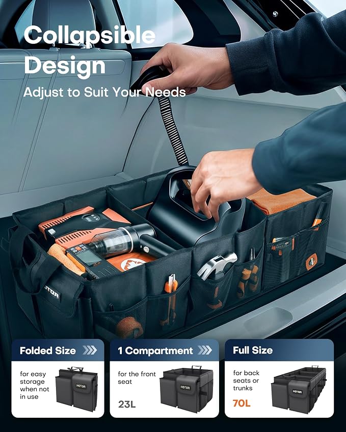 HOTOR Trunk Organizer - Foldable Car Organizer for SUVs & Sedans Storage | Sturdy Car Organization for Men & Women, Car Accessories, Tools, Sundries, Black, 3 Compartments, 31.9" x 12.6" x 10.6" - Image 5