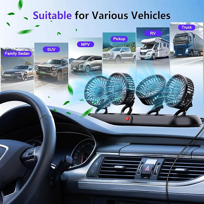 4-Head Car Fan,3-Speed Adjustable Car Cooling Fan for Vehicle,360°Rotatable Portable Cooling Fans for Car,USB/12V Cigarette Lighter Powered,Powerful Airflow for SUV Rv Sedan Van Boat - Image 7