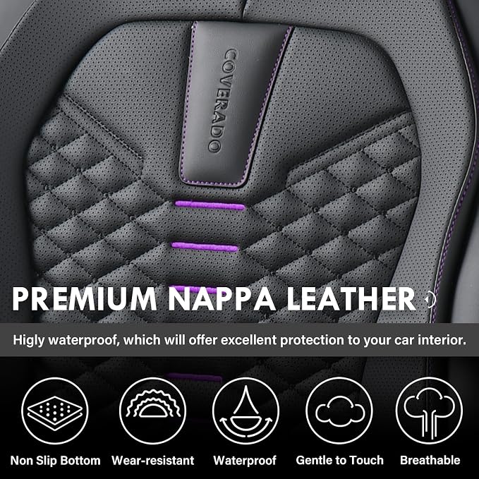 Coverado Car Seat Covers Front Seats, Nappa Leather Black&Purple Car Seat Cover, Automotive Seat Covers, Waterproof Driver Seat Protector, 2 Pack Front Seat Cover Car Seat Cushion Fit for Most Cars - Image 4