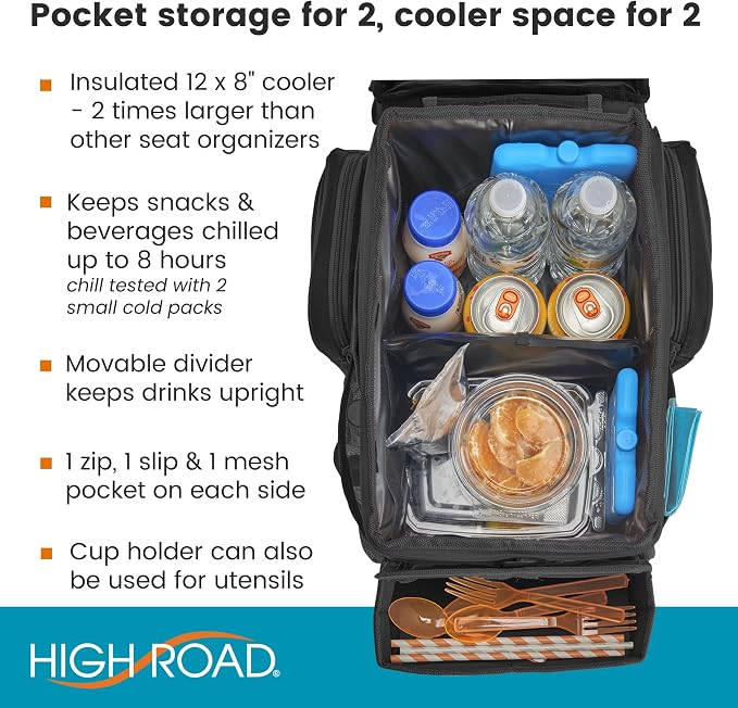 CarHop Car Seat Organizer, Sturdy Car Cooler Organizer with Cup Holders | High Road Middle Seat, Front Seat or Back Seat Car Organizer - Road Trip Cooler for Car with Tray and Large Cup Holders - Image 4