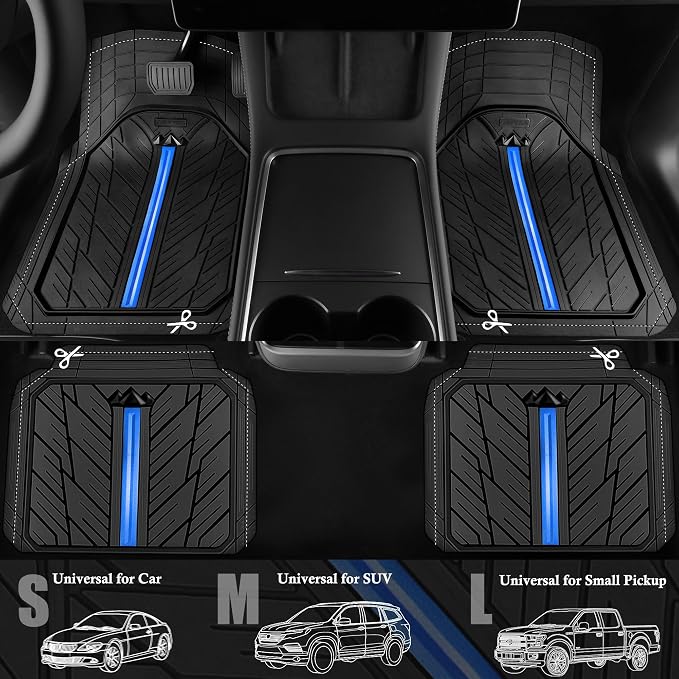 CAR PASS Metal Medium Rubber Floor Mats for Car Heavy Duty Car Mats All Weather, Universal Trim to Fit for Truck SUV Vehicle Automotive Floor Mats, Waterproof Car Mats 4 Piece Black Bule - Image 2
