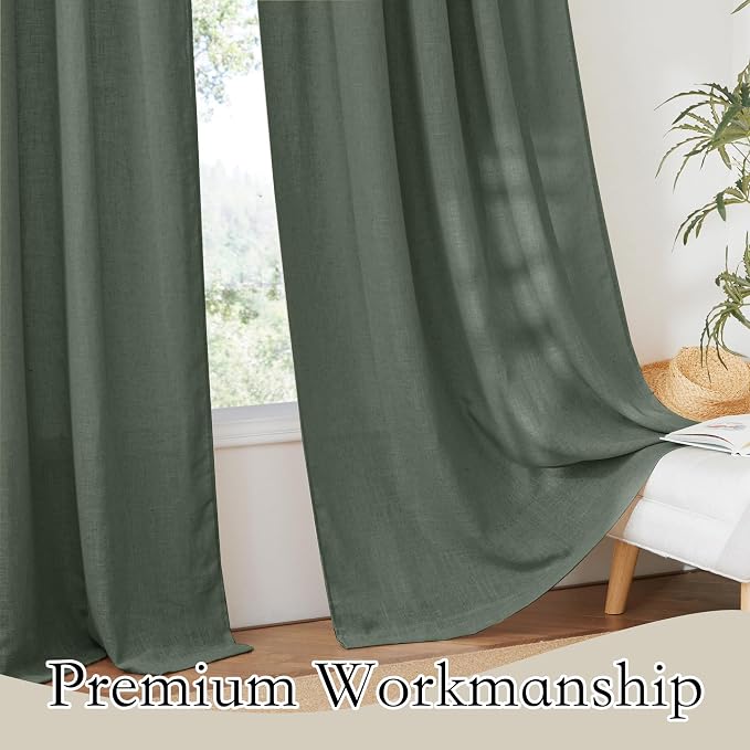 RYB HOME Green Linen Curtains 84 inches Long for Living Room Kids Room, Light Filtering Privacy Protection Home Decor 2 Panels Set for Sliding Glass Door, W 52 x L 84 inches, Hunter Green - Image 5