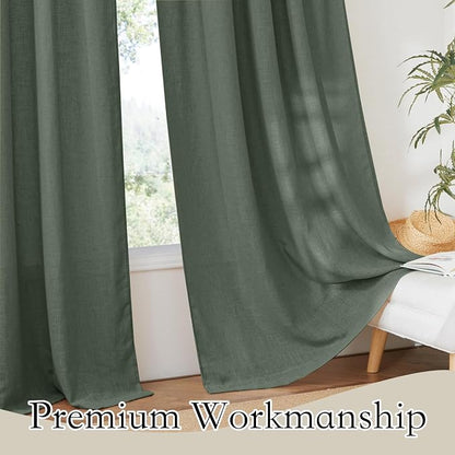 RYB HOME Green Linen Sheer Curtains 102 inches Long, Thick Heavy Textured Rod Pocket Machine Washable Privacy Assured for Living Room Bedroom, W 52 x L 102 inches, Hunter Green, 2 Panels - Image 5