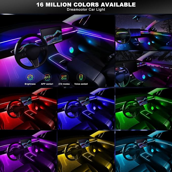 Dreamcolor Acrylic Interior Car LED Strip Light with Wireless APP, RGB 22 in 1 with 175 inches 612 LEDs Fiber Optic Strip Lights for Car, Dual Zone Music Sync Neon Car Ambient Lighting Kits - Image 4