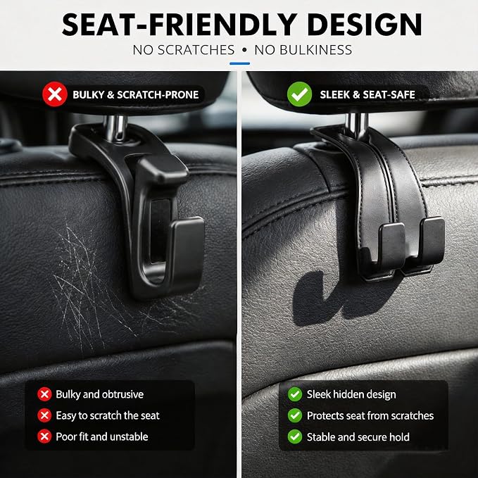 vidonio Car Headrest Hooks, 4 Pack 360° Rotating Double Hooks with Leather-Wrapped Metal Core, Heavy Duty Seat Back Purse Holder for Handbags, Grocery Bags and Backpacks, Black - Image 6