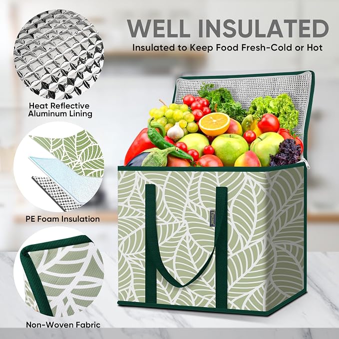 BALEINE 2Pk Insulated Reusable Grocery Bags, Collapsible Cooler Bag for Groceries, Heavy Duty Large Insulated Bag (16''x9''x13'', Antique Foliage) (Pack of 3) - Image 2