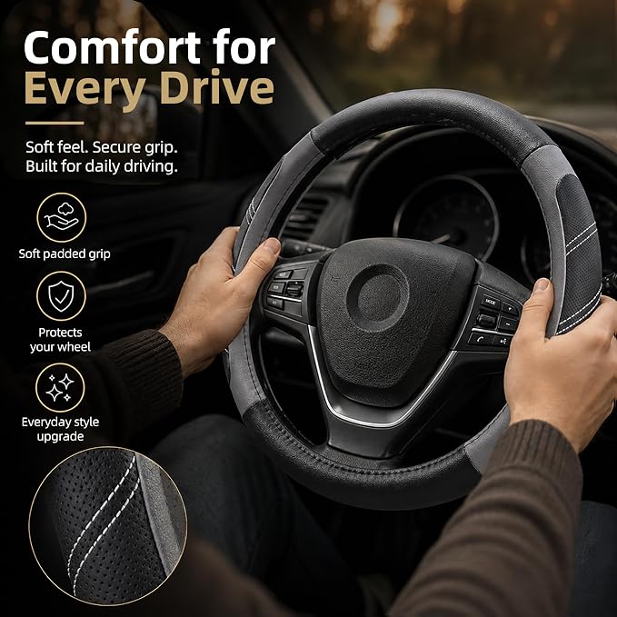 Elantrip Leather Large Steering Wheel Cover 14 1/2 inch to 15 inch Universal, Soft Grip Breathable for Car Truck SUV Jeep Anti Slip Gray - Image 7