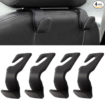 AMVOYOA Headrest Hooks for Car, Back Seat Organizer Black Leather Hanger Holder Hook, for Hanging Purses and Bags and Coats, Pack of 4 by AMVOYOA