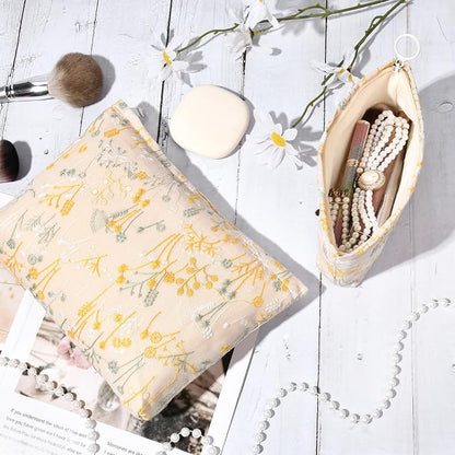 SOIDRAM 2 Pcs Makeup Bag Large Cosmetic Bag Toiletry Bag Makeup Pouch Travel Bag Organizer Cute Makeup Brushes Aesthetic Accessories Storage Bag for Women Wildflower Embroidery - Image 3