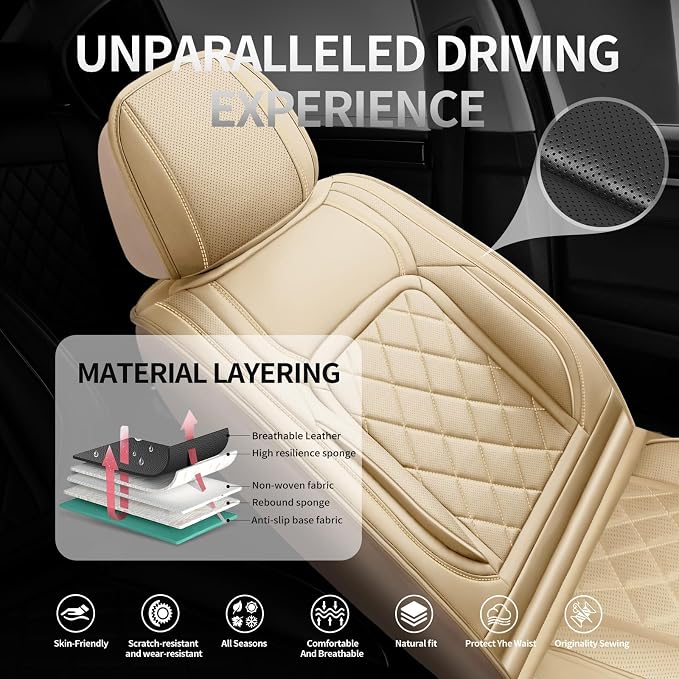 Fit Camry Premium Leather Car Seat Covers for Toyota Camry 2012-2025 2026 - Waterproof，Breathable，All-Weather Seat Cushion Protecto & Airbag Compatible, Full Set Beige - Image 2
