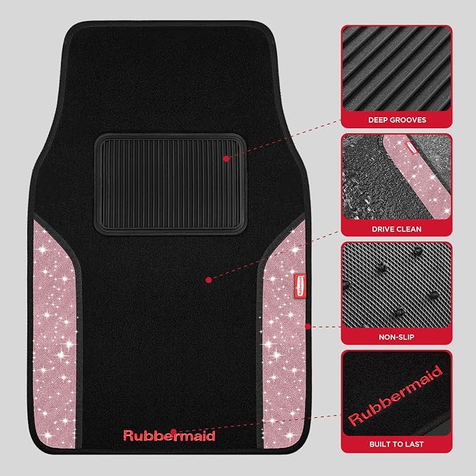 Rubbermaid Bling Car Mats, Carpeted Floor Car Mat with Faux Leather & Built-in Heel Pad, Two-Tone Car Rug Floor Mats, Stylish Carpeted Floor Mats for Cars, Trucks & SUVs Glitter Pink Color - Image 3