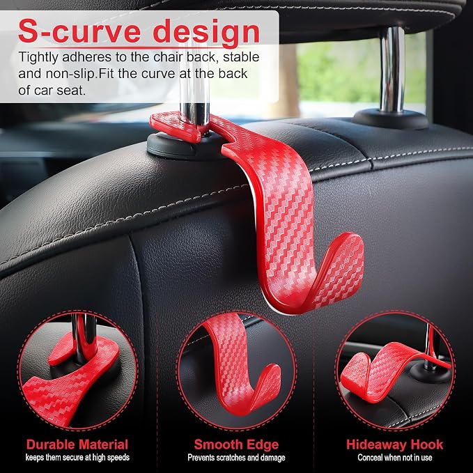 LivTee Car Purse Hook, Headrest Hook for Car, 4 Pack Universal Auto Car Seat Headrest Hook Hangers Organizer for Purse Coat Umbrellas Grocery Bags Handbag, Car Accessories - Carbon Fiber Red - Image 2