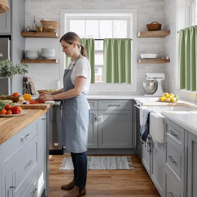 RYB HOME 100% Blackout Short Curtains for Small Window, Thermal Insulated | Total Room Darkening, Noise Reducing, Curtains for Kitchen Bathroom Basement, W34 x L45, Sage Green, 2 Panels - Image 2