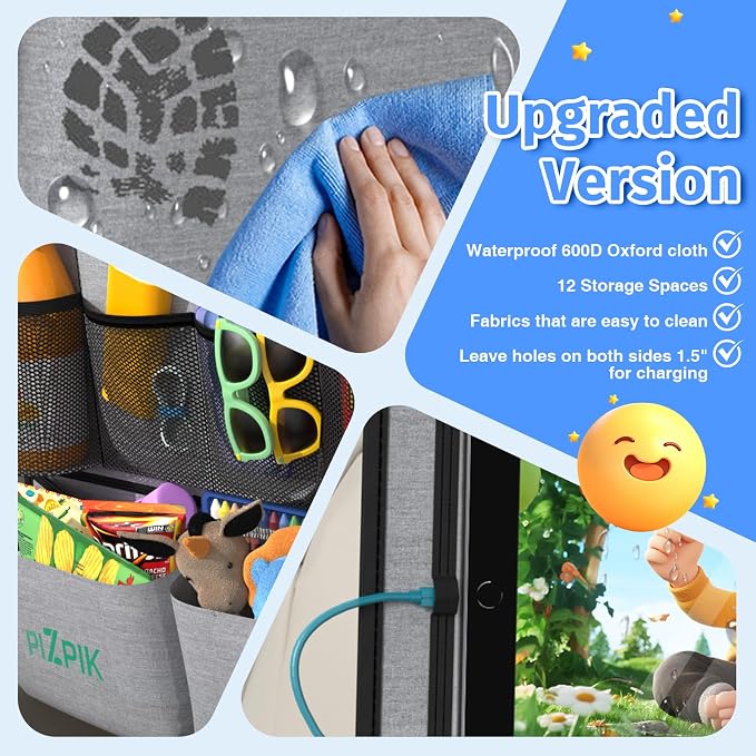 Car Backseat Organizer with Tablet Holder,11 Storage Pockets with Foldable Food Tray, Protector Kick Mats for Kids, Travel Accessories Organizer (Gray, 2-Pack) - Image 2