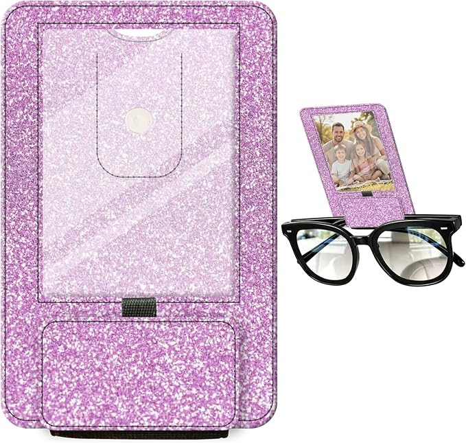 2-in-1 Car Visor Sunglasses & Photo Holder, Magnetic PU Leather Glasses Clip with Picture Display Slot, Universal Sun Visor Organizer for Eyeglasses, Personalized Cards & Memories, Lavender Glitter by Unknown