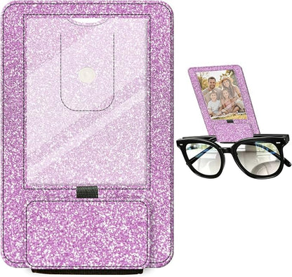 2-in-1 Car Visor Sunglasses & Photo Holder, Magnetic PU Leather Glasses Clip with Picture Display Slot, Universal Sun Visor Organizer for Eyeglasses, Personalized Cards & Memories, Lavender Glitter by Unknown
