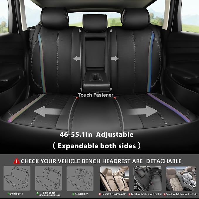 CAR PASS Back Seat Covers, Nappa Leather Rear Seat Bench Cushion Waterproof Breathable Back Row Protector Universal Fit for Car Sedan SUV Pickup Truck, Back Rear Black Chameleon Iridescent Reflective - Image 3