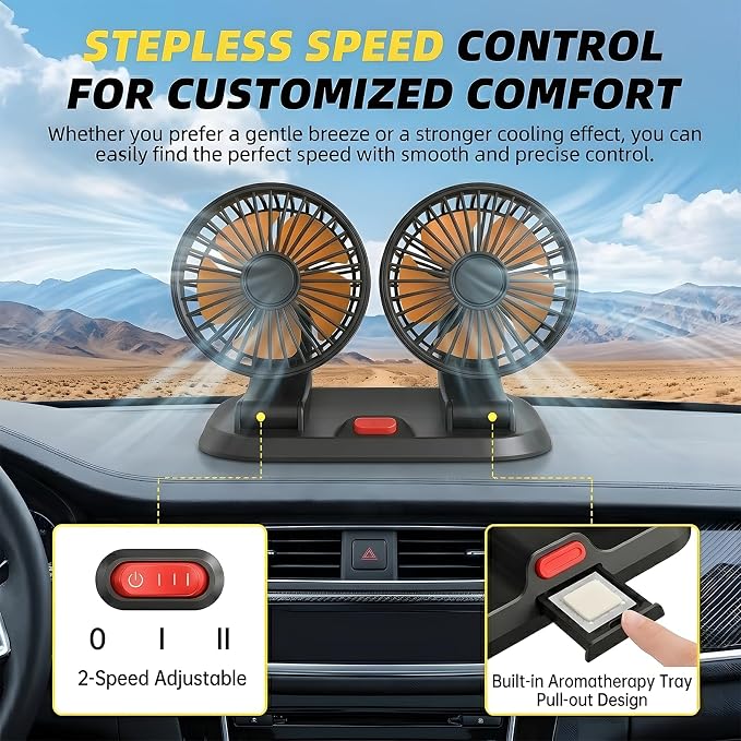 Dual Head 24V Heavy Duty Car Fan with Cigarette Lighter Plug, 2-Speed Portable Vehicle Cooling Fan, 360° Rotatable Dashboard Air Circulator for Semi Truck Tractor Bus RV, Powerful Airflow - Image 9
