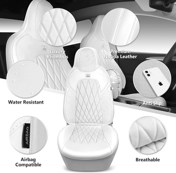 CAR PASS Nappa Leather High Back Front Seat Covers, Tesla Model 3 Model Y Breathable Faux Leather Front Bucket Seat Covers, Anti-Slip Airbag Compatible Universal Fit for Sedan SUV Van Truck, White - Image 3