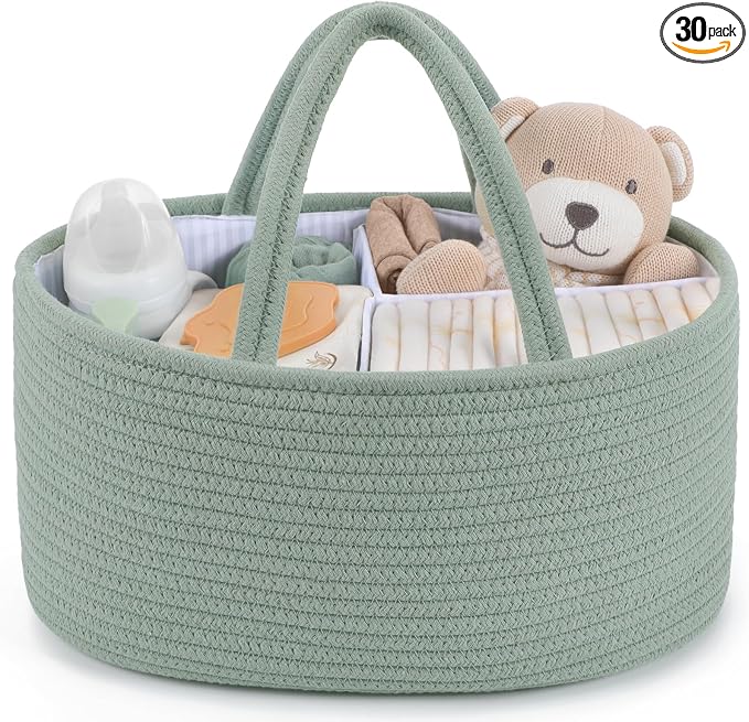 Maliton Diaper Caddy Organizer for Baby, Portable Diaper Storage Organizer for Changing Table and Car, Cotton Rope Nursery Storage Bin Basket for Baby Shower, Newborn Essentials Must Haves - Green by Maliton