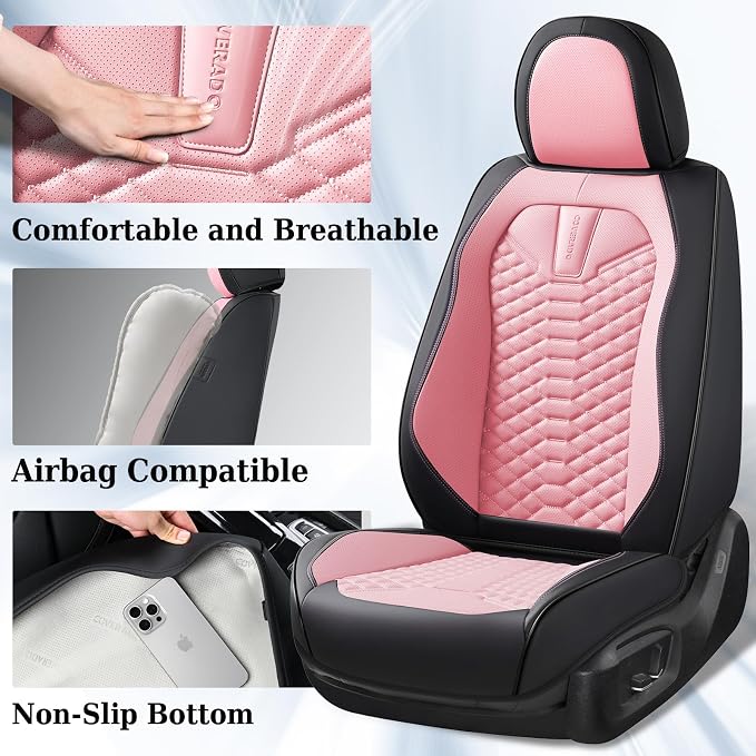 Coverado Car Seat Covers, Front Seat Cover, Waterproof Nappa Leather Seat Covers for Cars, 2 Pack Car Seat Protectors, Car Seat Cushion, Automotive Seat Covers Universal Fit for Most Cars (Black&Pink) - Image 3