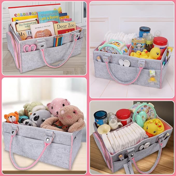 XUANGUO Large Felt Baby Diaper Caddy Organizer with Handles for Girls, Pink | Nursery storage bin and basket; portable tote bag for changing table or car, baby shower gifts and newborn essentials. - Image 5